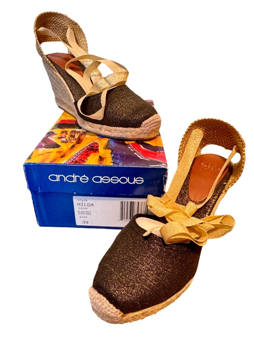 Andre Assous NWB Espadrille Canvas Black & Gold Metallic Tie Wedge Size 9 (39) - Picture 2 of 7